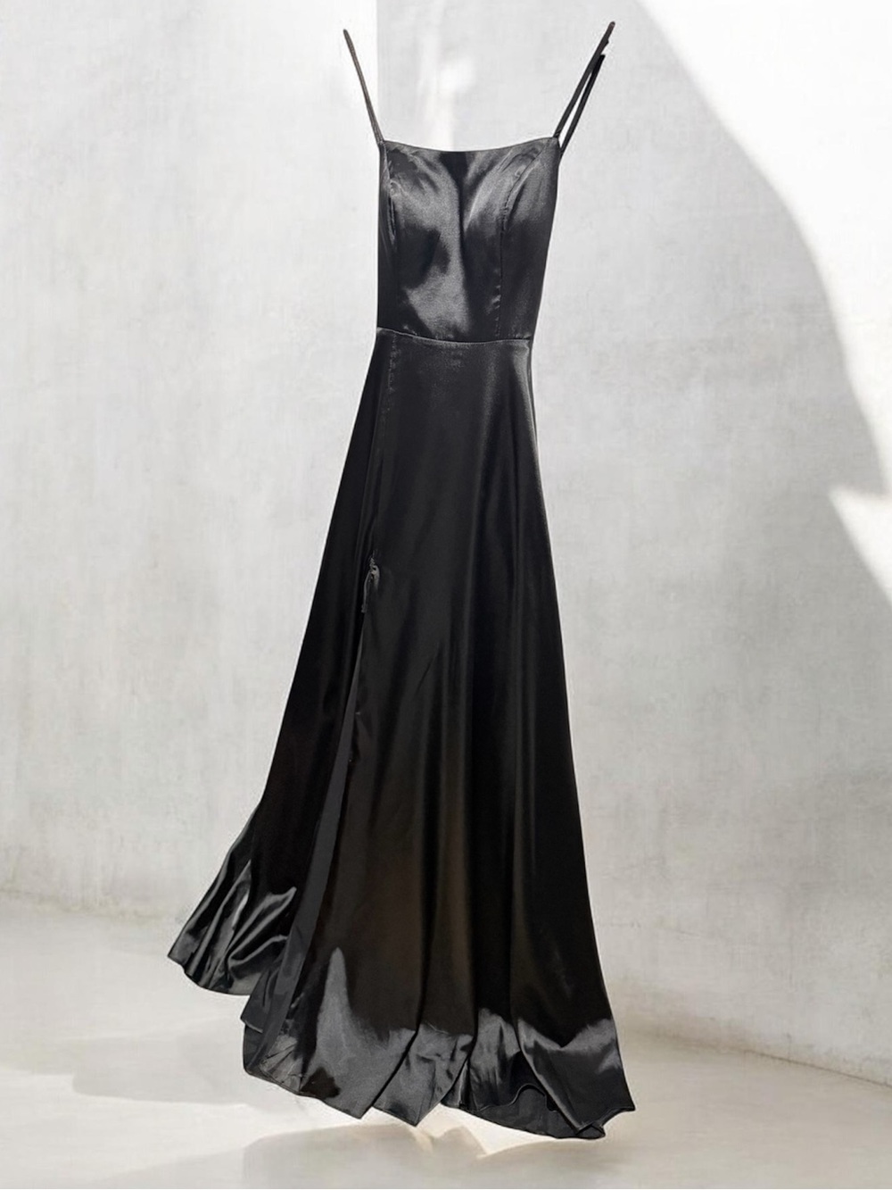 ZHENG -Satin Black Maxi Slip Dress with Spaghetti Straps Size 4